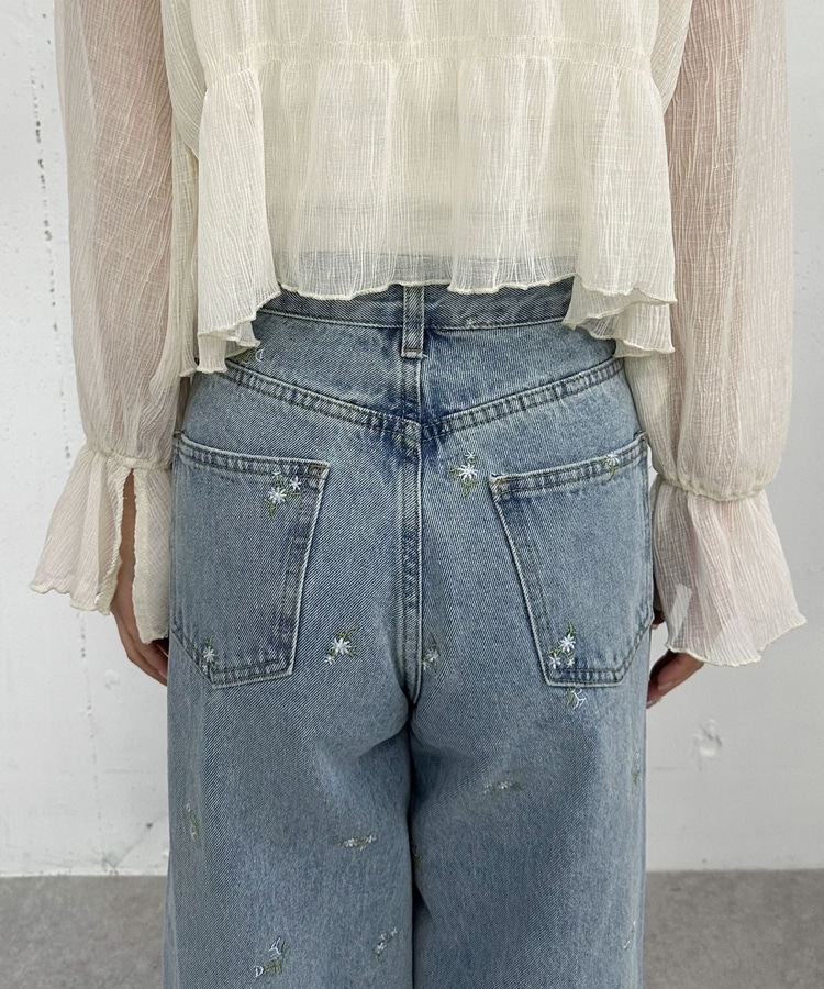 FRAY I.D 花柄刺繍デニムパンツ ワイドレッグ FRAY I.D】花柄刺繍