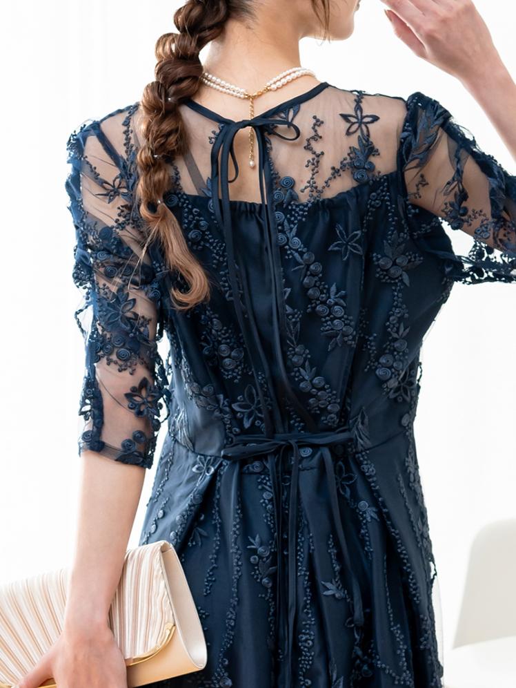 花柄刺繍レースドレス(ネイビー)H1-402NA-M | OTONA DRESS