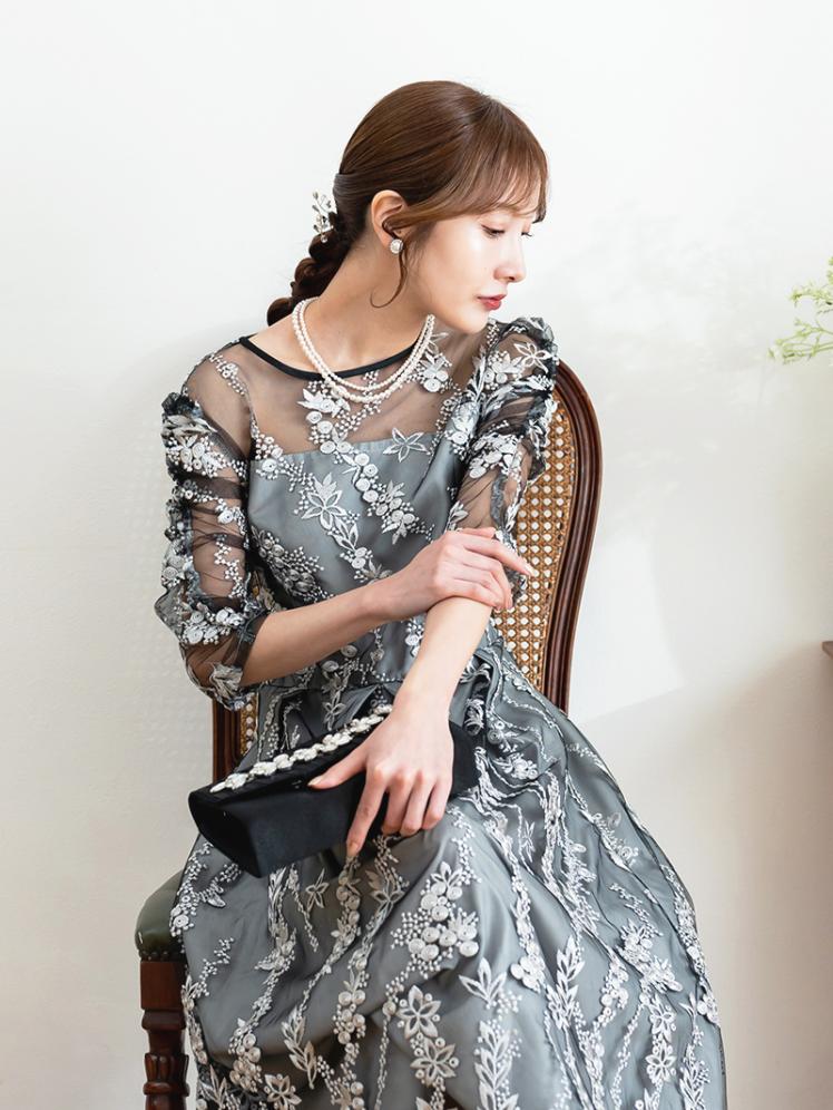 花柄刺繍レースドレス(ブラック)H1-402BL-M | OTONA DRESS