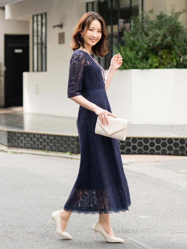 レースミモレドレス(ネイビー)CR1-335NA-M | OTONA DRESS