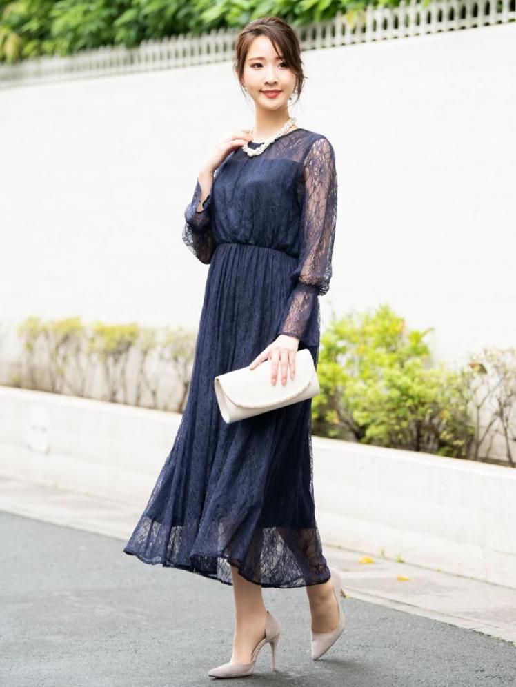 ラッセルレースロングドレス(ネイビー)CR1-325NA-L | OTONA DRESS
