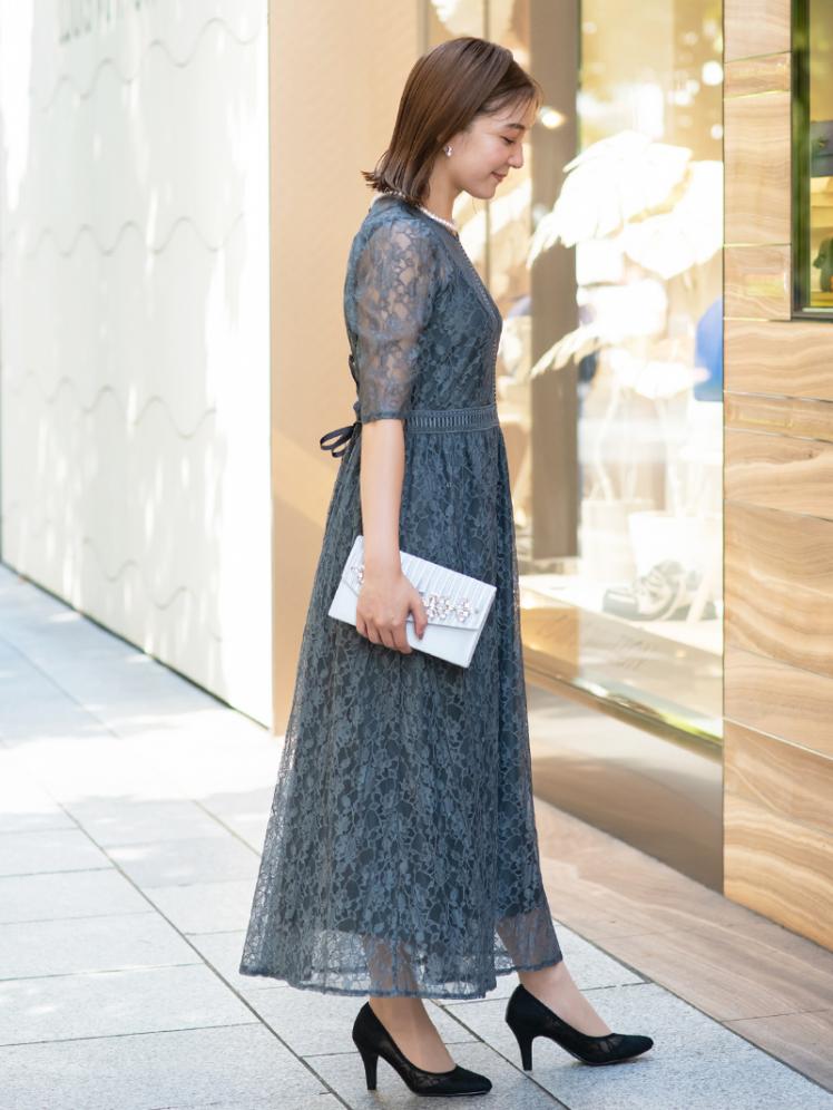 バックリボンフラワーレースドレス(グレー)CR1-421GRY-M | OTONA DRESS