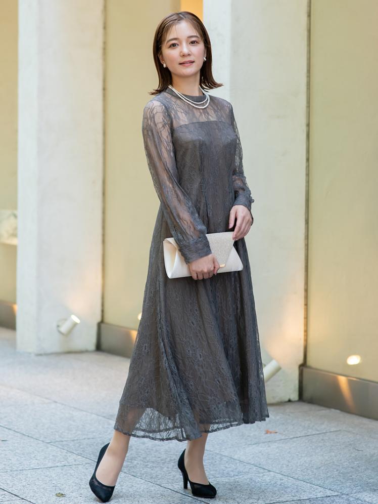 ラッセルレースウエストリボンドレス(チャコールグレー)CR1-418C-GRY-M