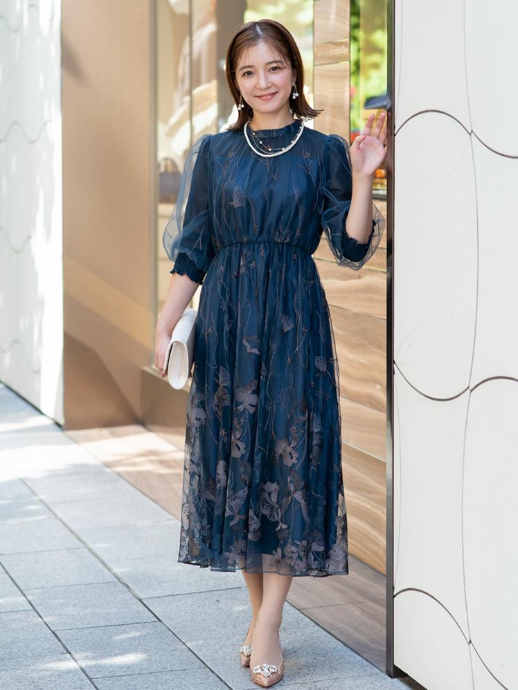 フラワー刺繍チュールドレス(ネイビー)CR1-419NA-M | OTONA DRESS