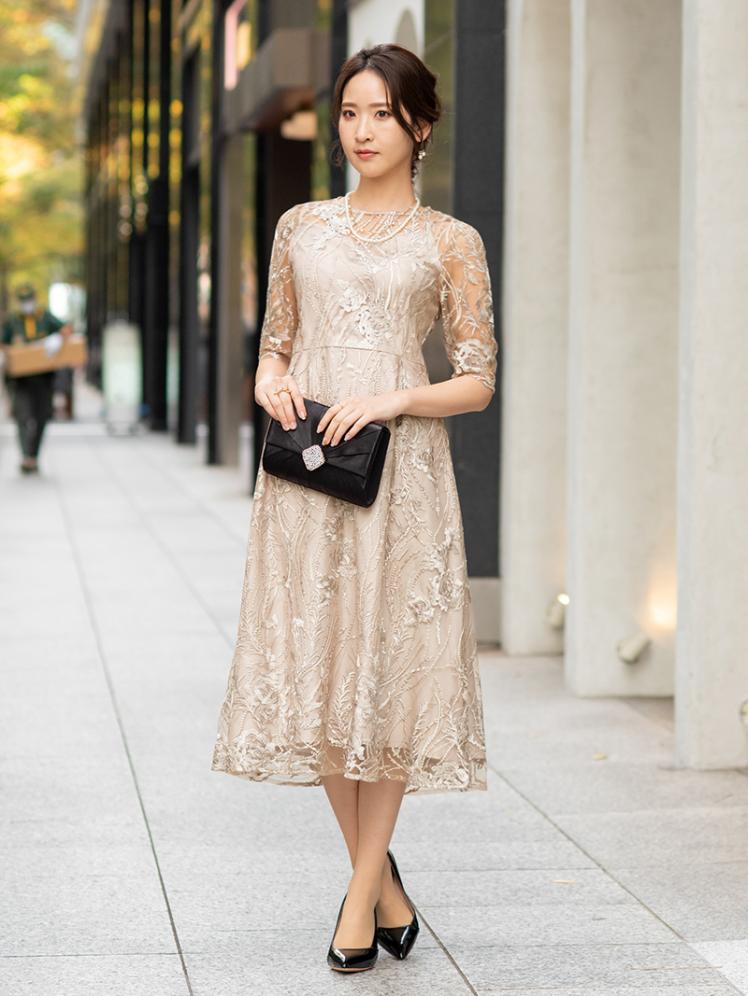 チュール刺繍バックリボンドレス(ベージュ)H1-391BE-M | OTONA DRESS