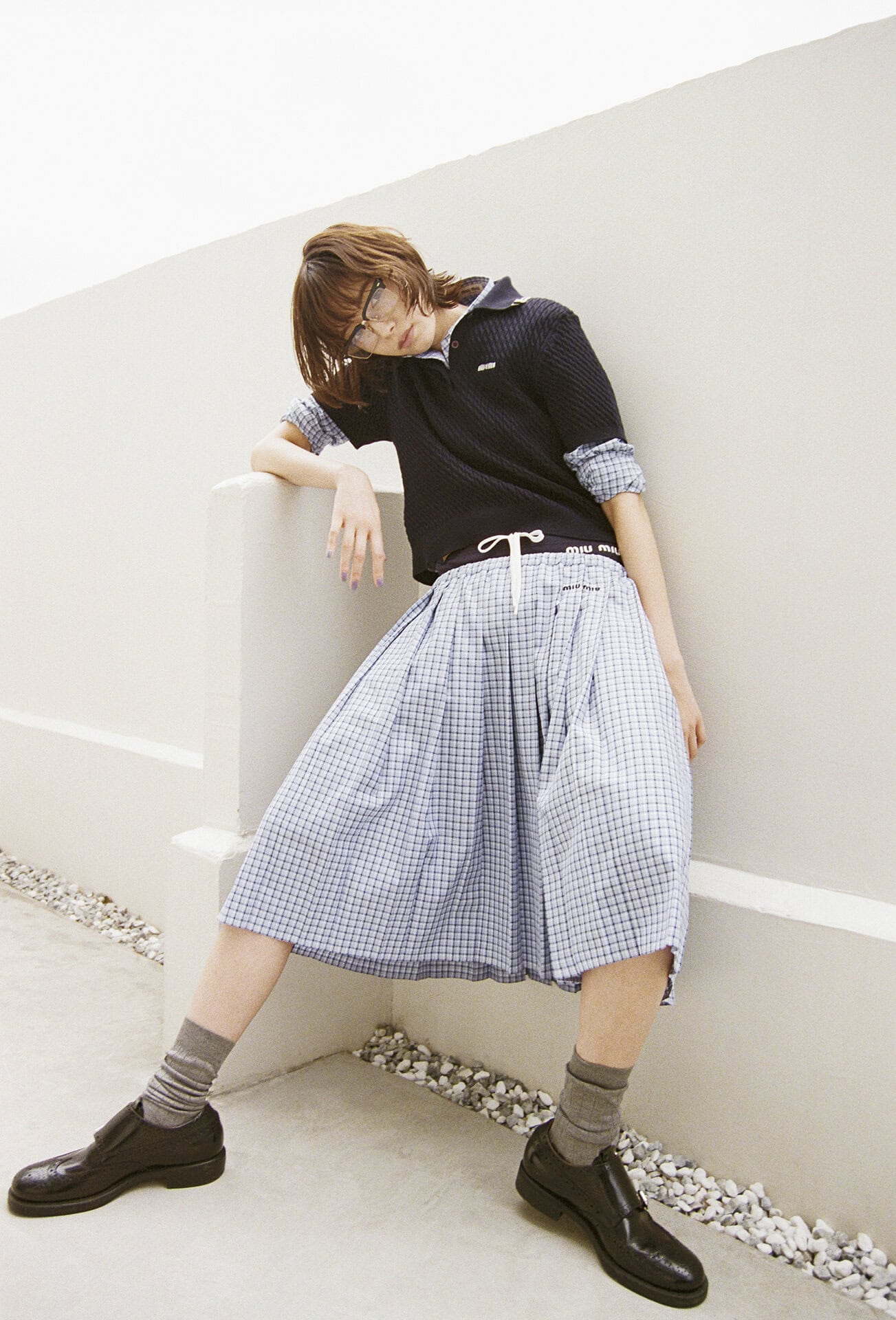 MIU MIU ミュウミュウ ウール混 Aラインスカート ビジュー装飾付 42