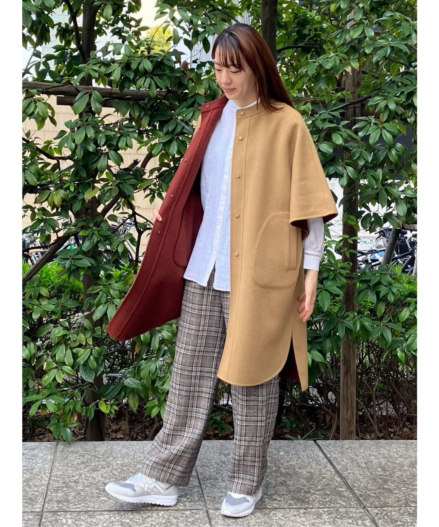 リバーシブル：カシミヤ混ダブルフェイスマントスリーブコート