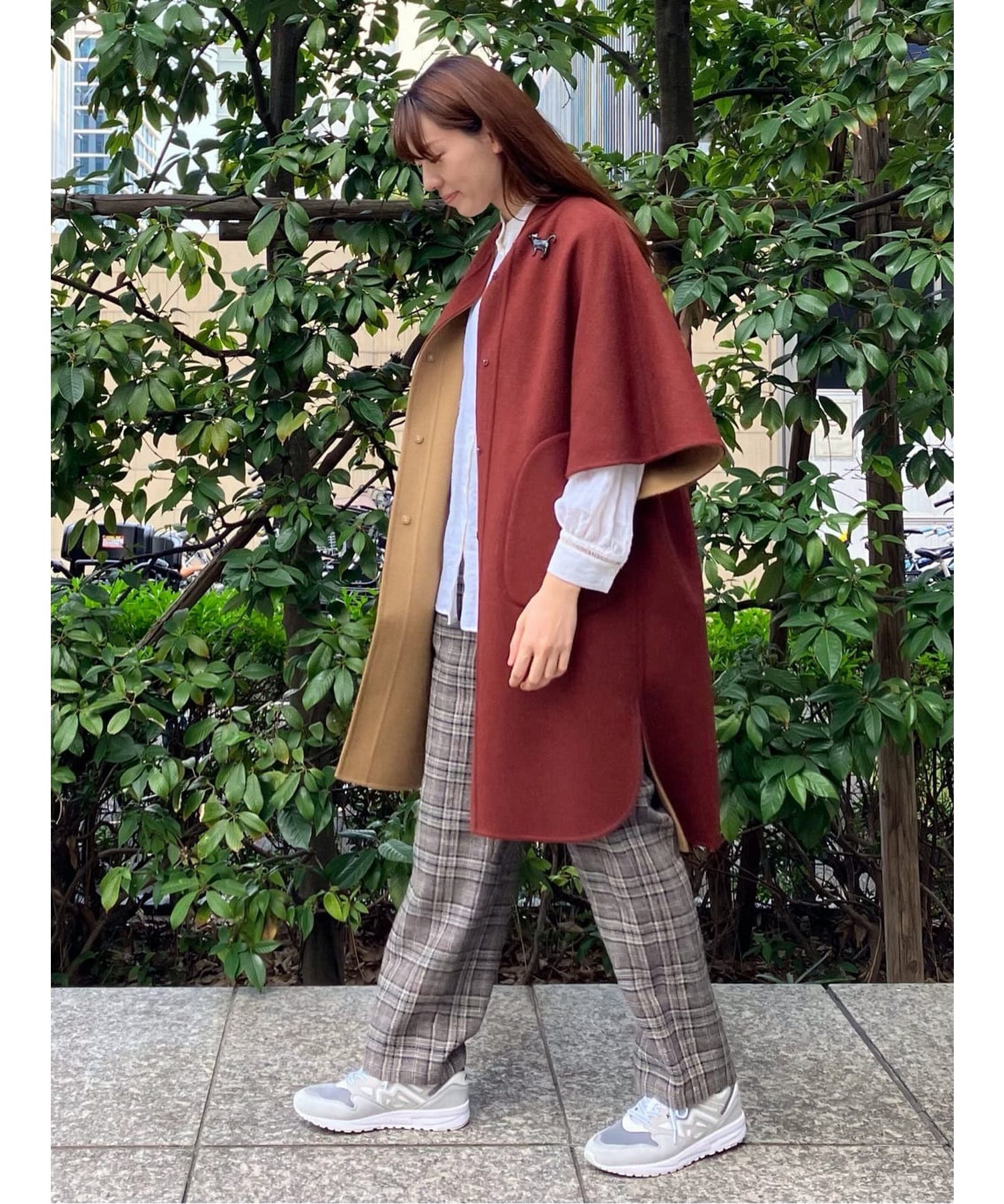 リバーシブル：カシミヤ混ダブルフェイスマントスリーブコート