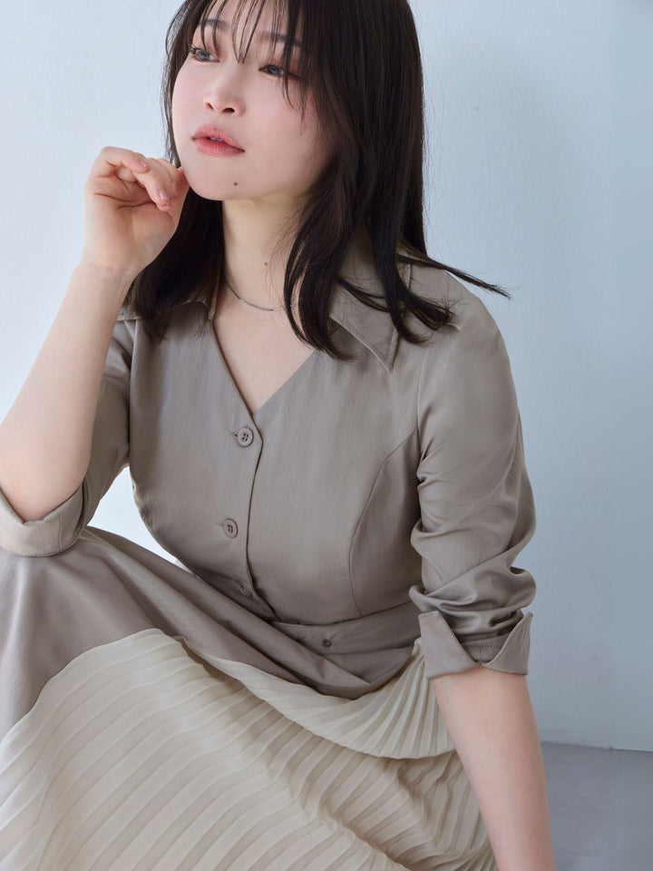 シャツプリーツワンピース 25SS：モカ│胸が大きな女性のための