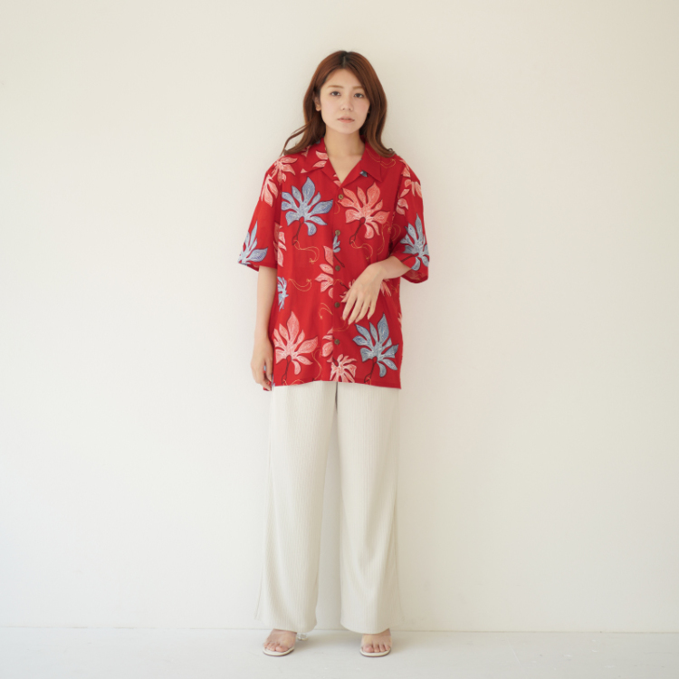和柄 コットンアロハシャツ ＜鞍馬天狗のうちわ/赤橙＞ | 京友禅アロハ
