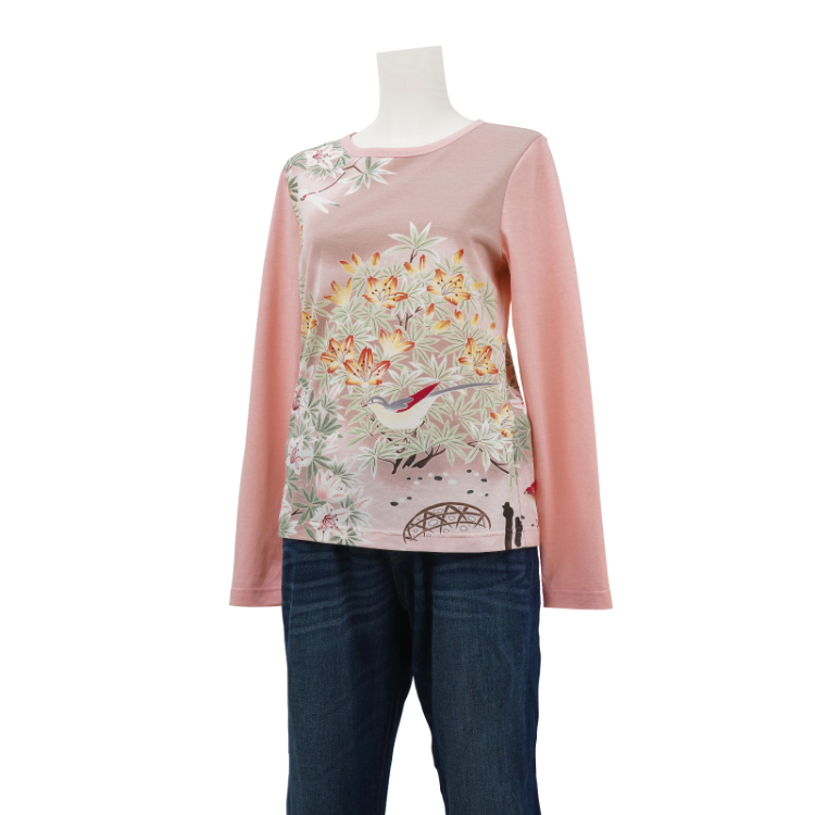 花柄 長袖カットソー ＜つつじに水辺文様/桃＞ | 京友禅アロハシャツ