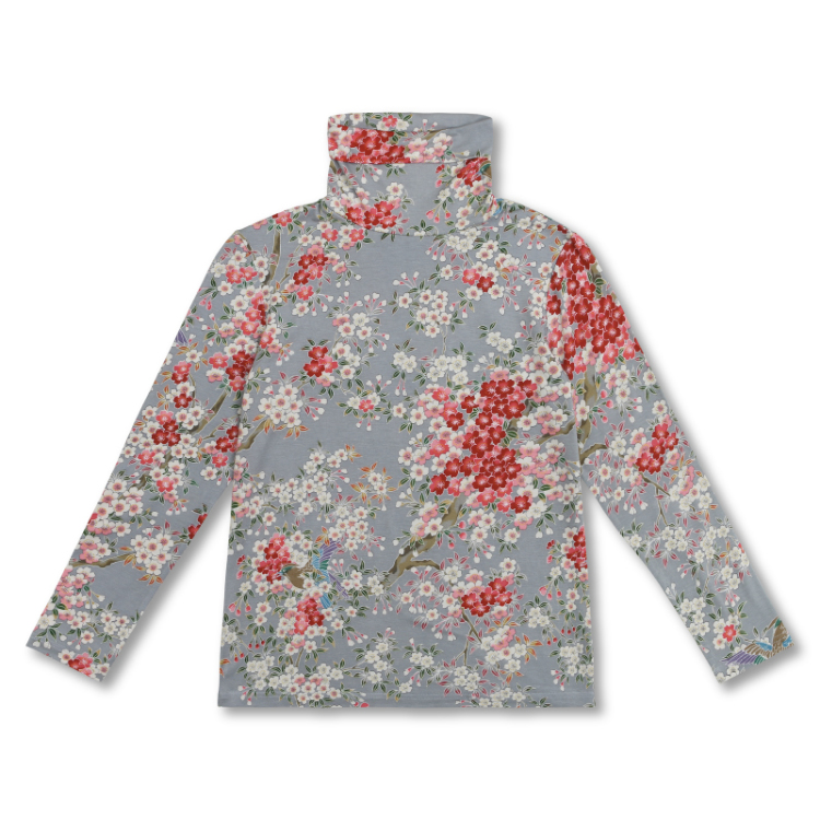 花柄 タートルネック長袖 ＜さくら/空色鼠＞ | 京友禅アロハシャツ