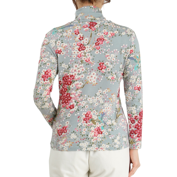 花柄 タートルネック長袖 ＜さくら/空色鼠＞ | 京友禅アロハシャツ