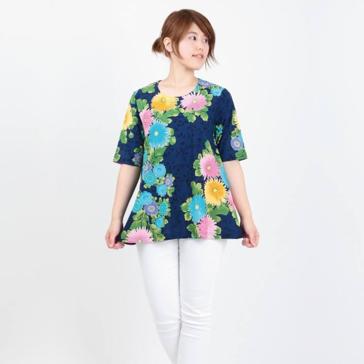 花柄 五分袖フレアチュニック＜千代見草/紺桃＞ | 京友禅アロハシャツ