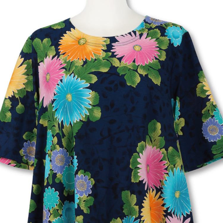 花柄 五分袖フレアチュニック＜千代見草/紺桃＞ | 京友禅アロハシャツ
