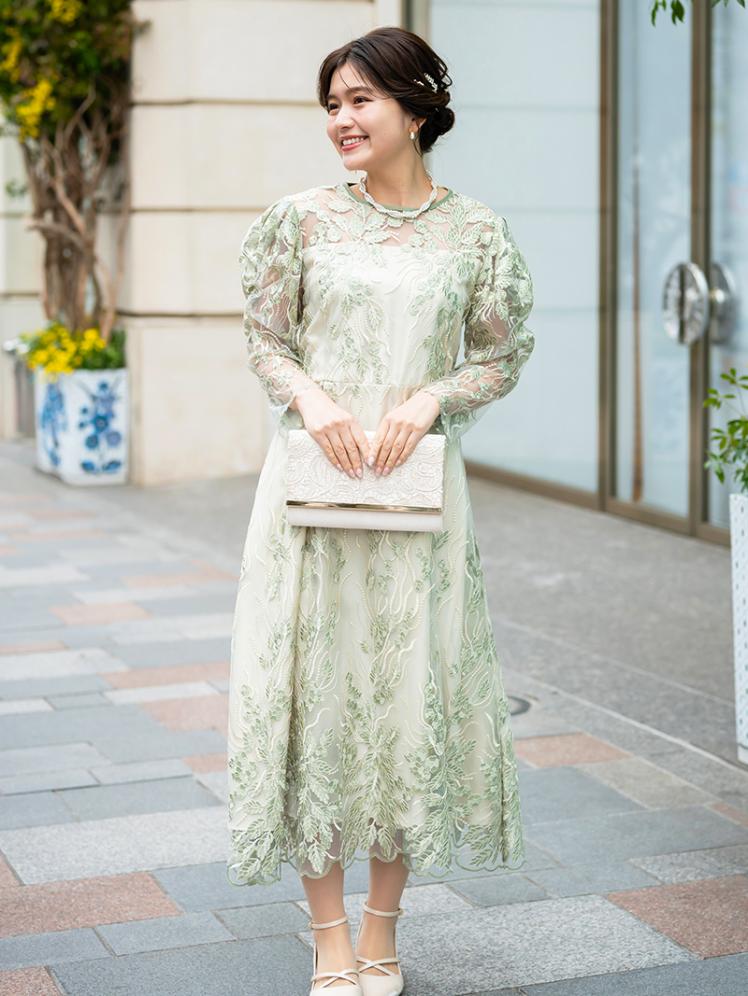 リーフデザイン刺繍ドレス(グリーン)H1-457GR-M | パーティドレススタイル