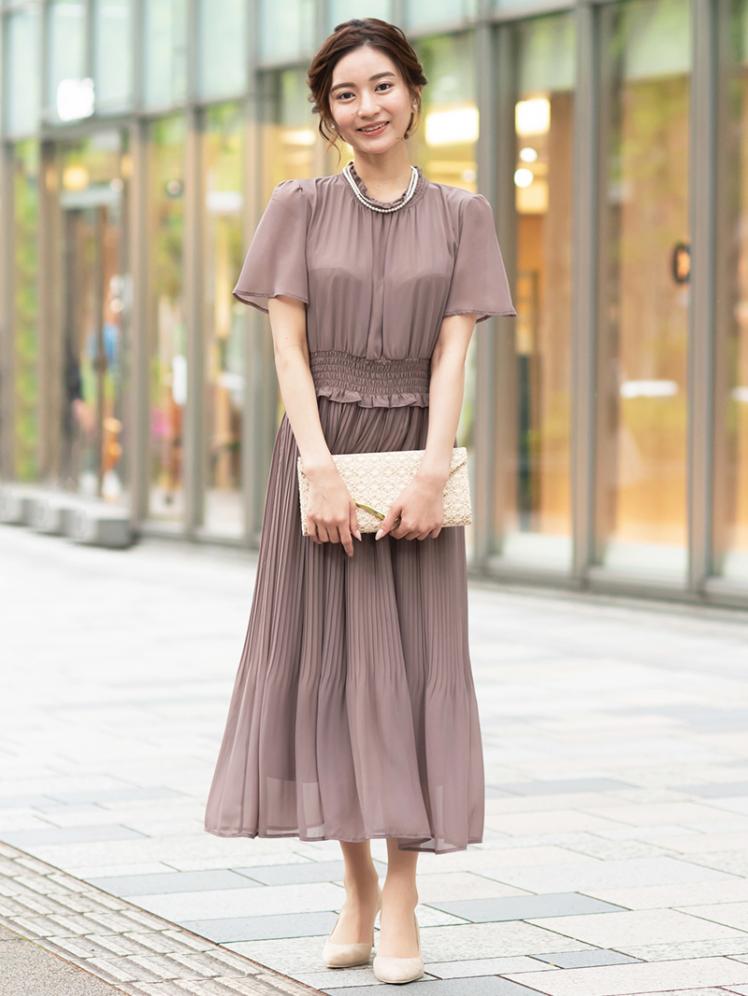 フリルネックプリーツドレス(モカグレー)WH1-397M-GRY-M | パーティ