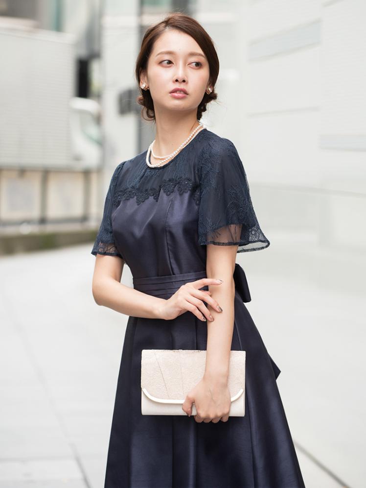 グロッシーフレアスカートレースドレス(ネイビー)CR1-367NA-M