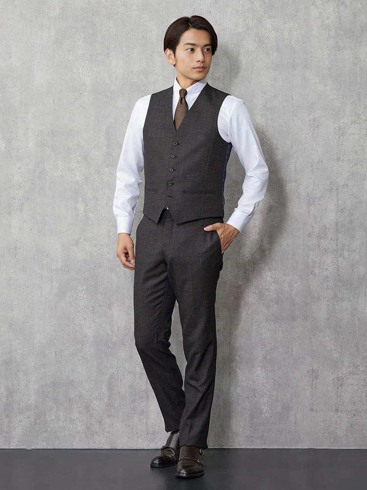 Super100'S】ウール100％ スリーピーススーツ 無地調 ブラウン | P.S.