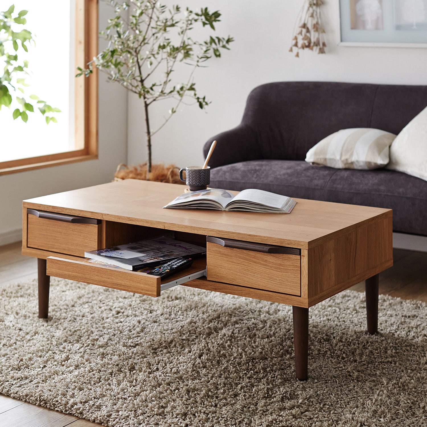 日本製］引出し＆スライド棚付きリビングローテーブル（ローテーブル