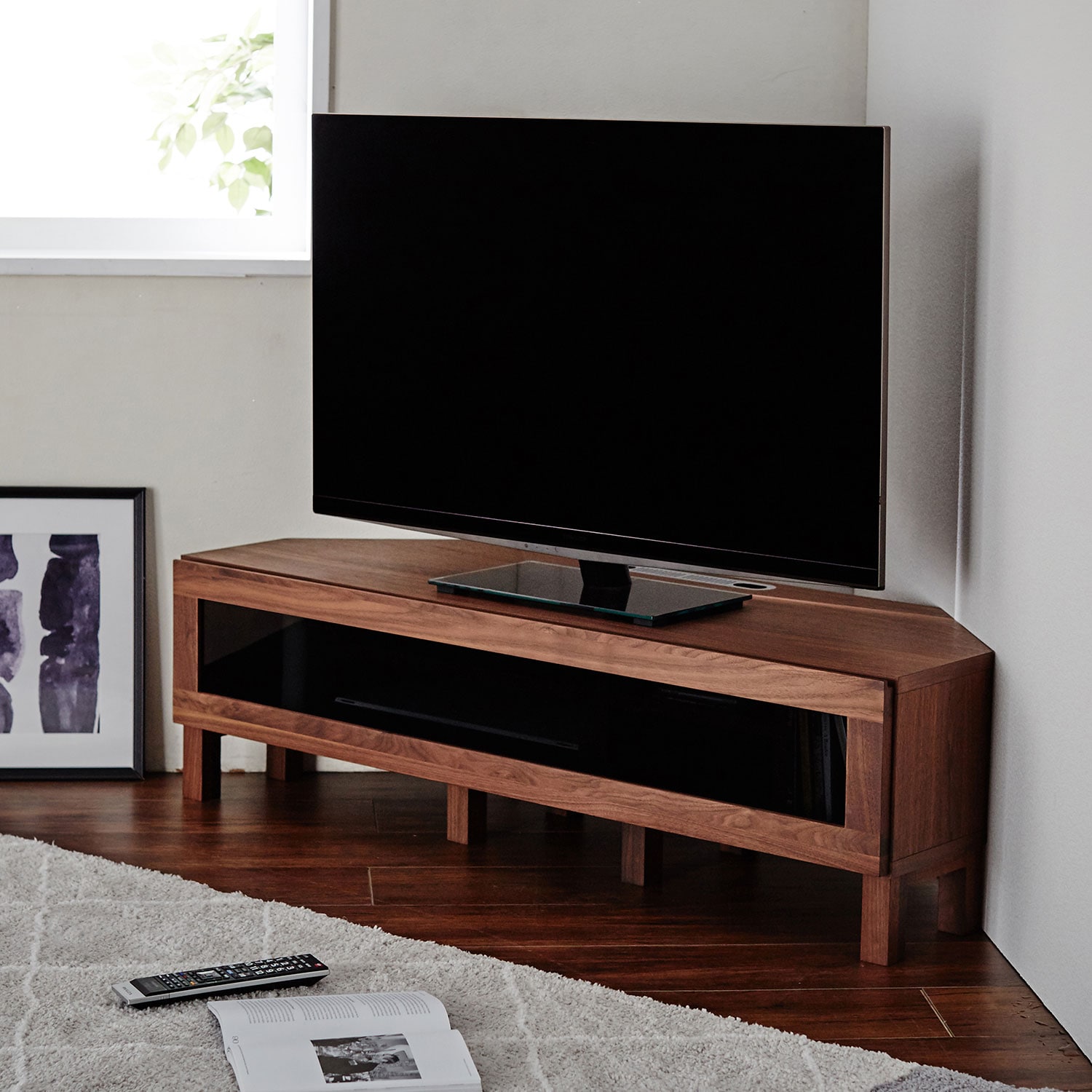 日本製］ウォルナット材のコーナーテレビ台（幅120cm）（テレビ台