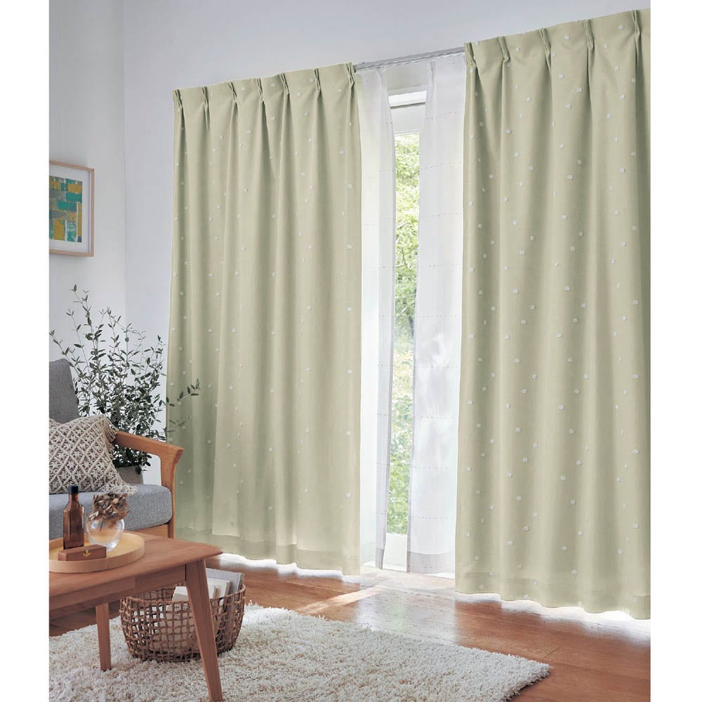 コーティング裏地付きぽんぽんデザインの遮光・遮熱・防音カーテン ＜2