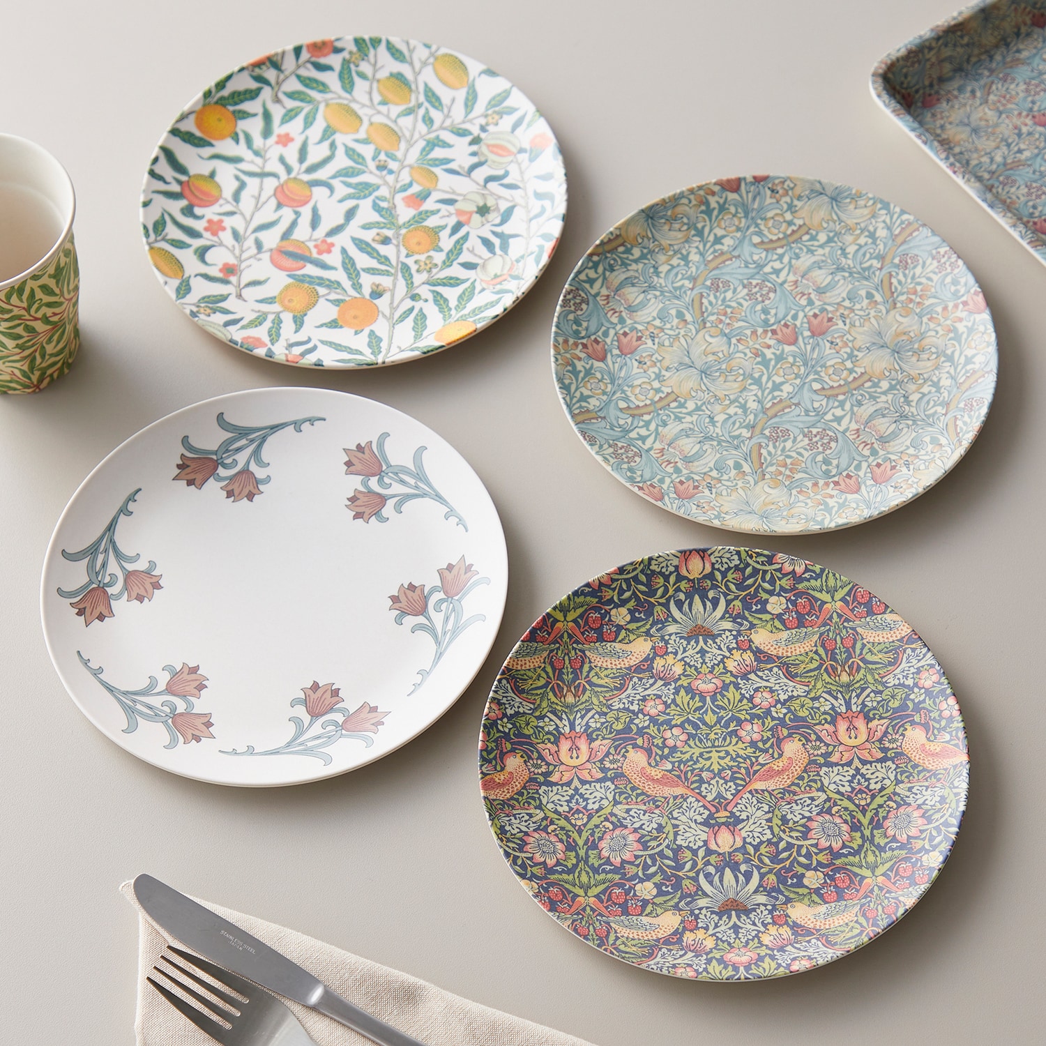 ウィリアム・モリス柄 割れにくいバンブー素材の平皿4柄セット｜通販の