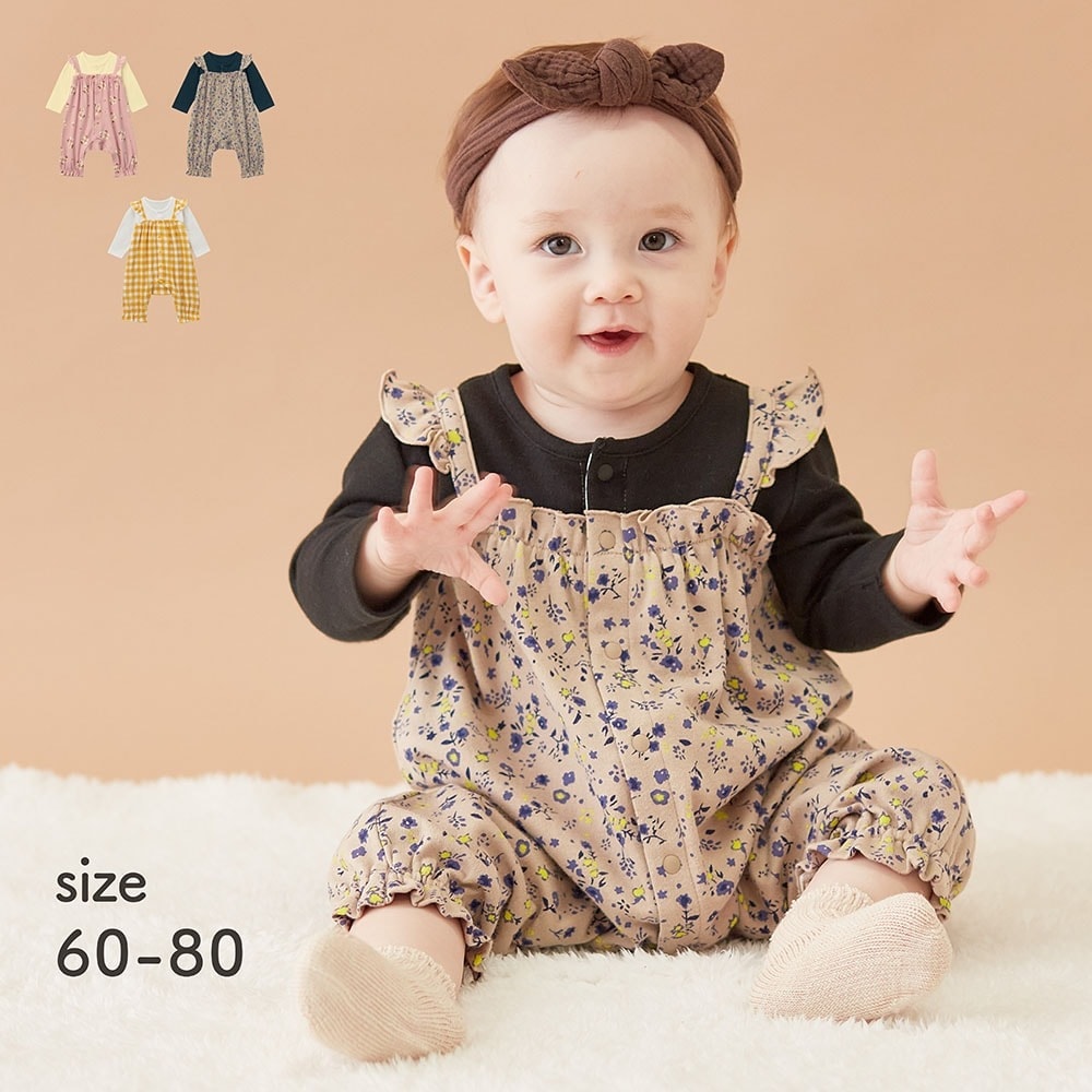 肩フリルサロペット風長袖前開きカエルロンパース（ベビー服