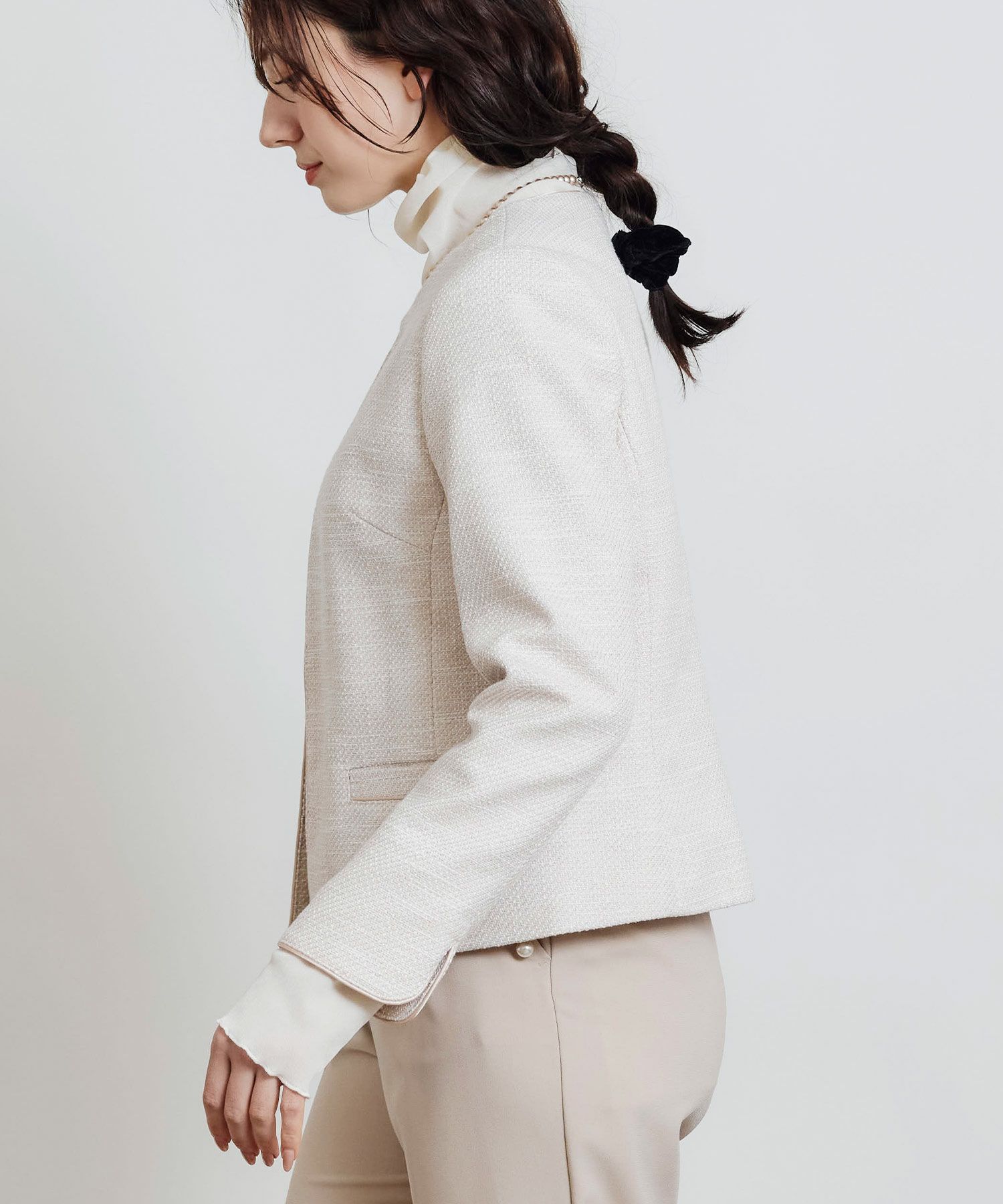 セットアップ可能】綾織りツイードノーカラージャケット | PICCIN