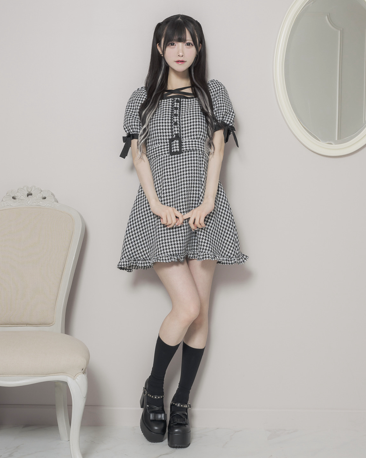 千鳥柄ジャガードベルトミニワンピース – pium