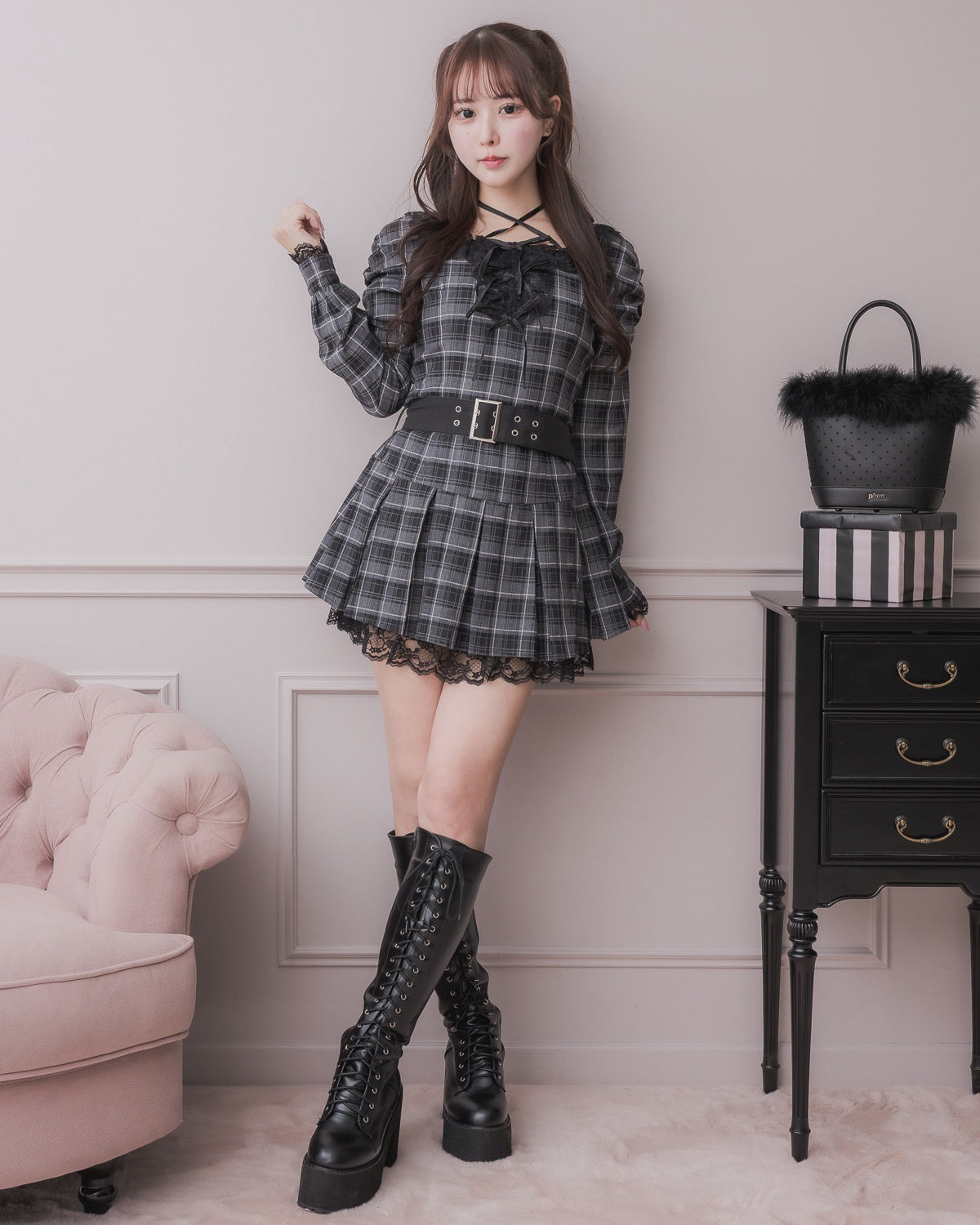 レースフリルプリーツミニワンピース – pium