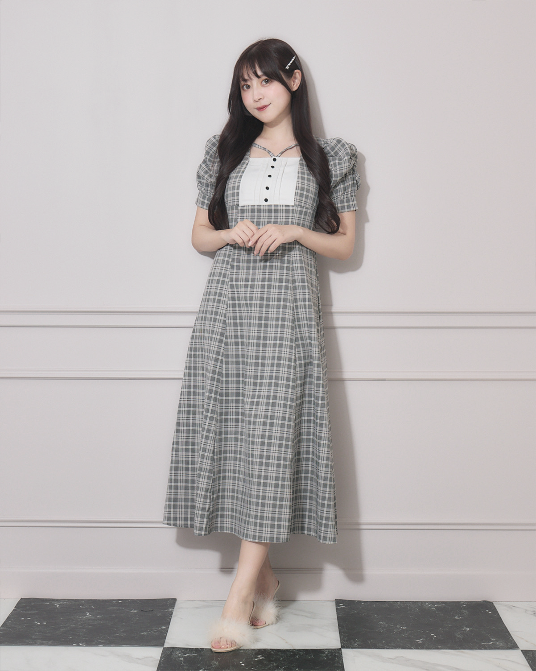 ヨーク切替ギャザースリーブロングワンピース – pium