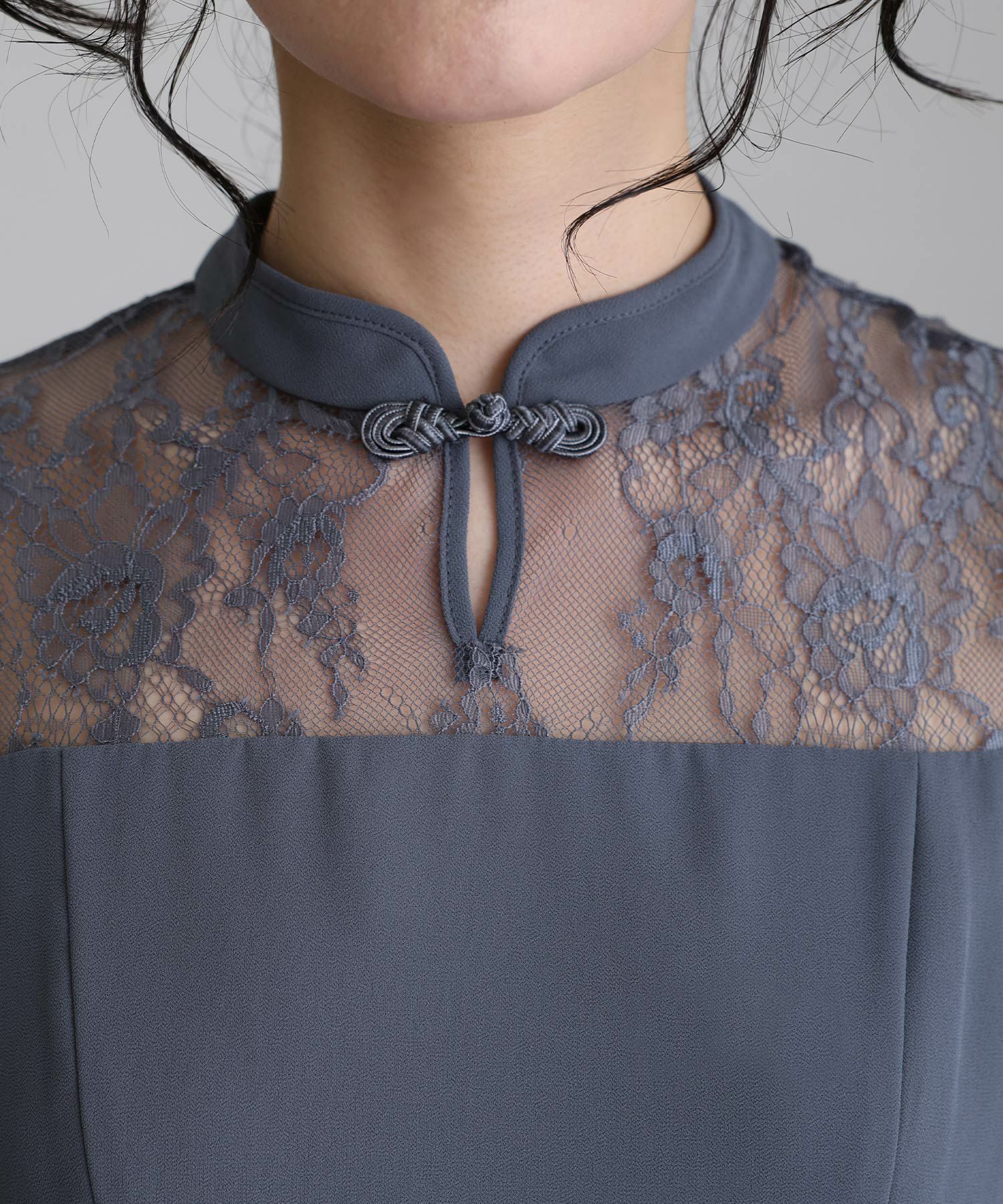 プリーツスリーブレース切り替えチャイナ風ワンピース