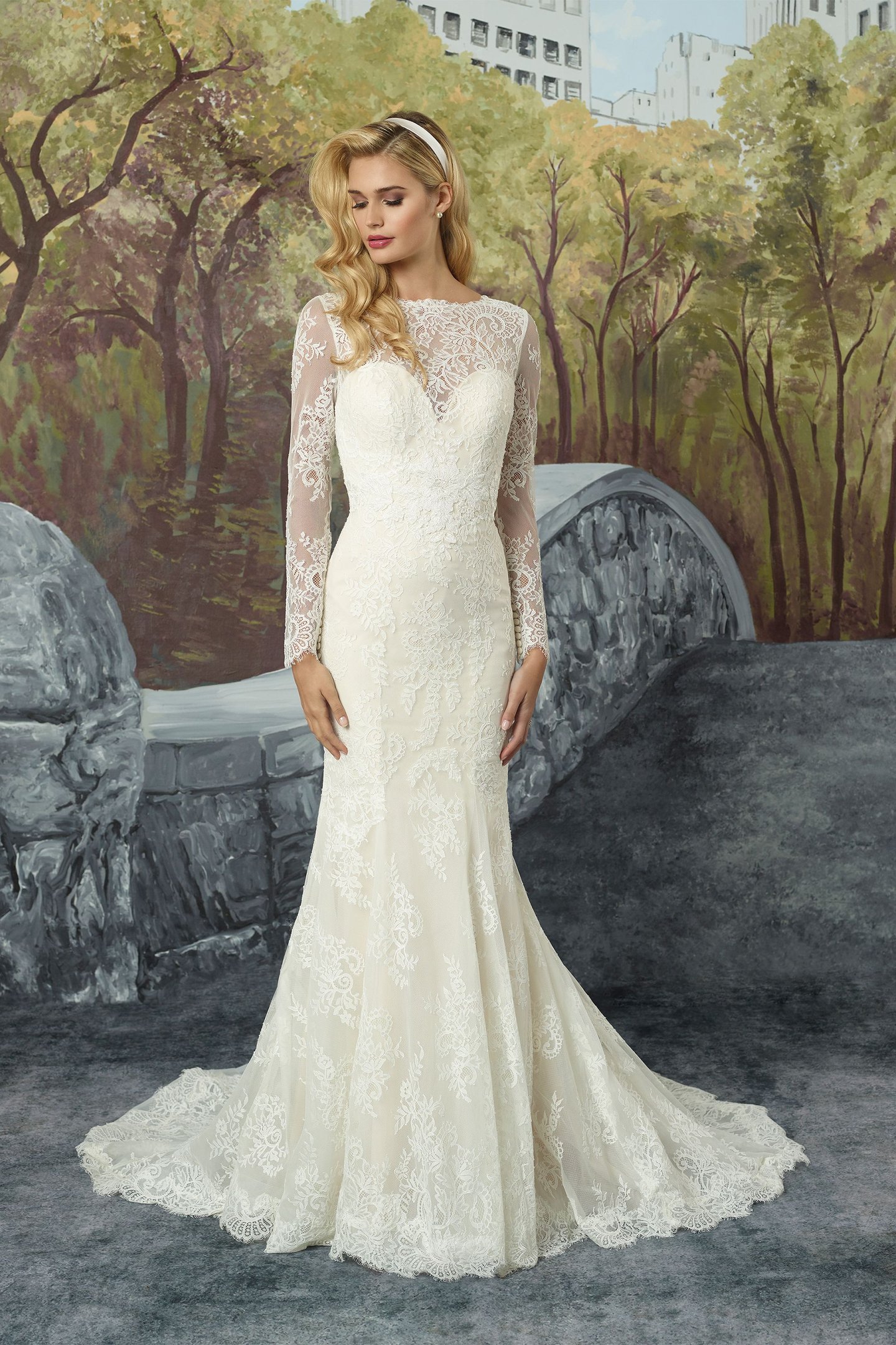 8918: Chantilly Lace Fit and Flare with Illusion Sleeves and Godet