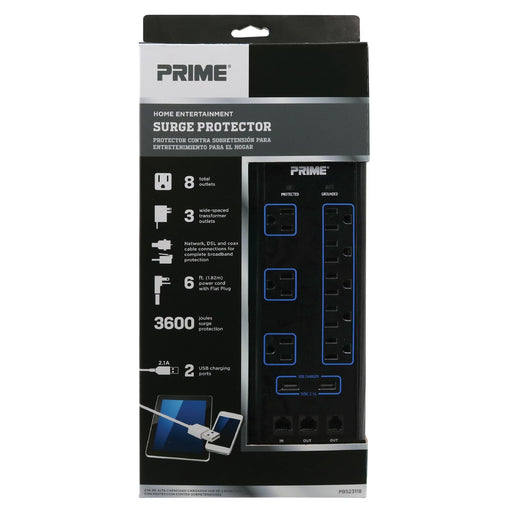 8-Outlet 3600 Joule Multimedia Surge Protector w/2-Port USB