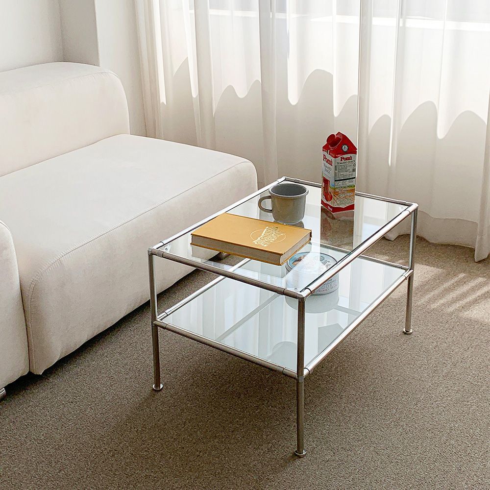 O'gre 2段 モジュール ガラス ローテーブル S 透明 シルバー ガラス 高