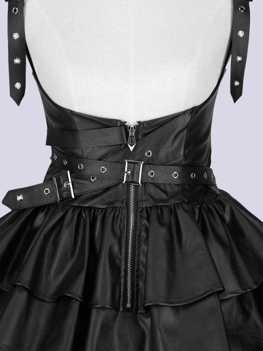IMVAL / Frill Leather Dress [BLK] - QOOZA