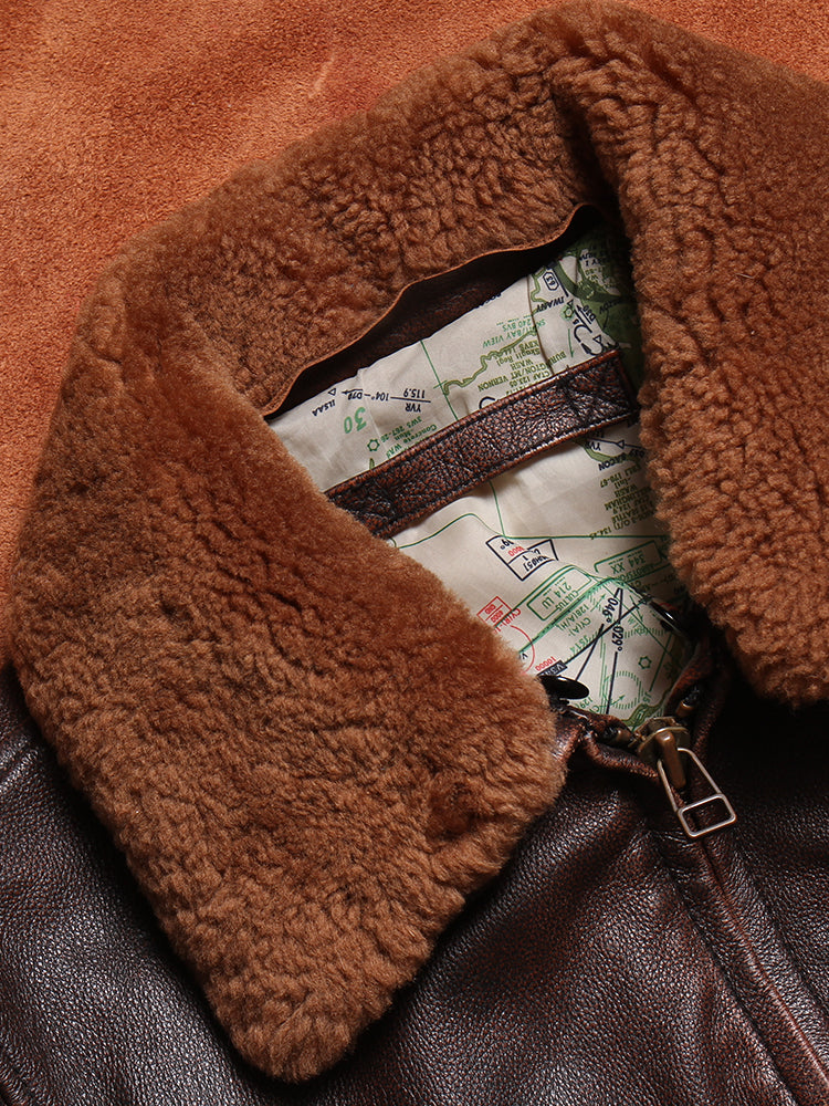 ファーの取り外し可能◇航路地図柄の裏地◇茶芯カウレザーG-1 フライト