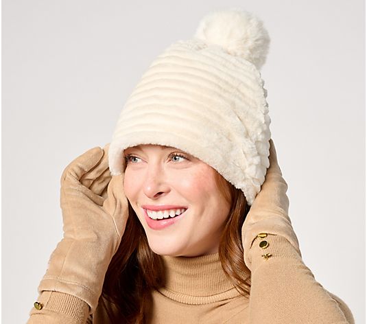 Sprigs Striped Faux Fur Beanie with Pom-Pom & Texting Glove - QVC.com