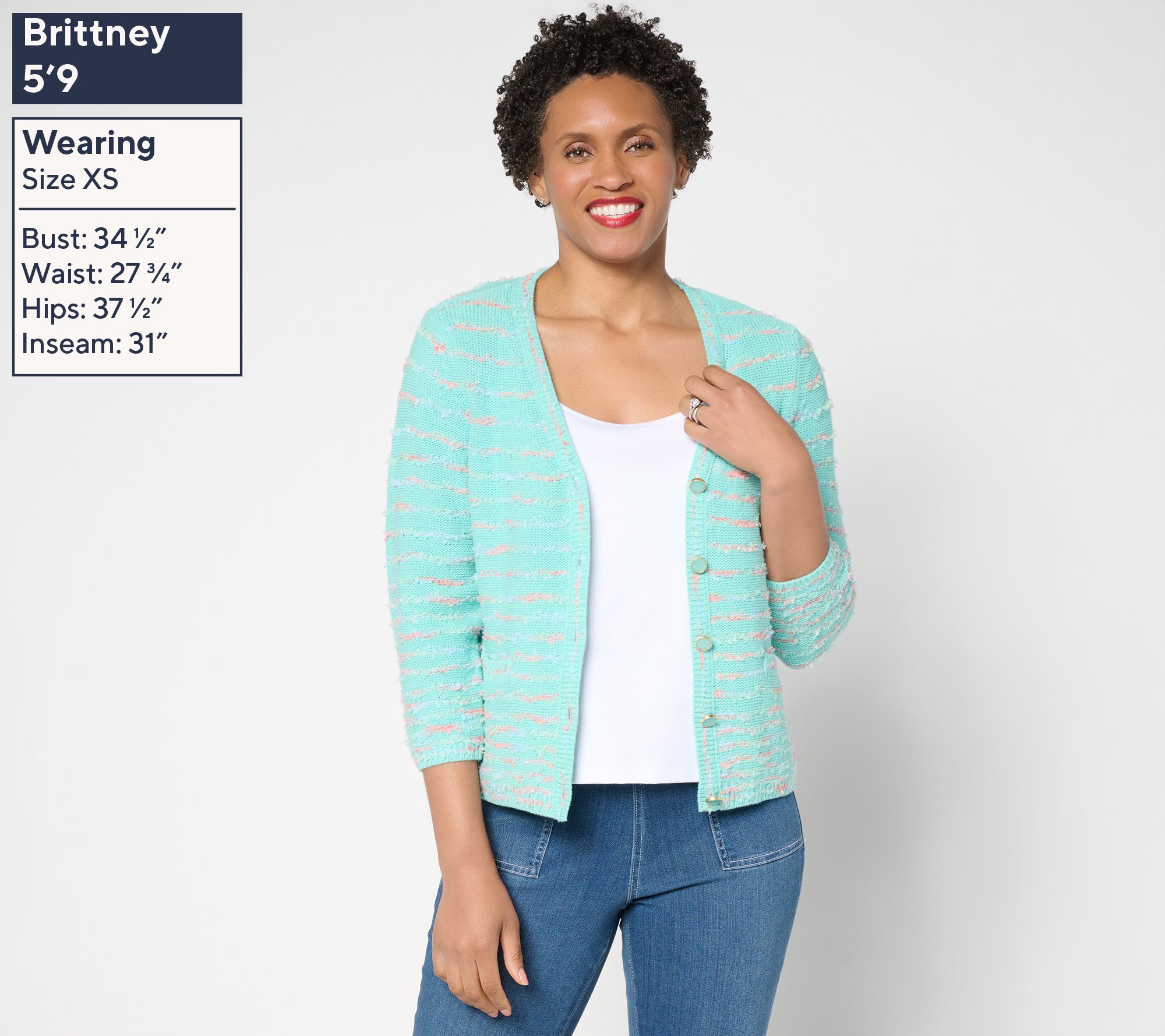 Isaac Mizrahi Live! Stripe Eyelash Yarn Button Front Cardigan