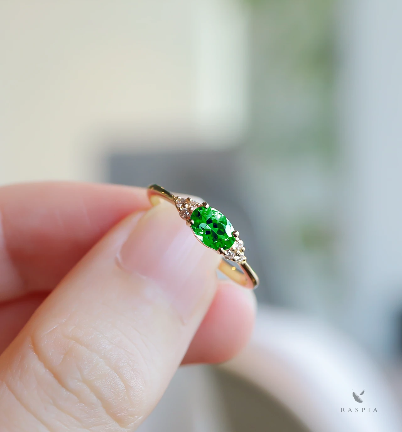 ツァボライト(グリーンガーネット)＆ダイヤモンド K18リング オーバル