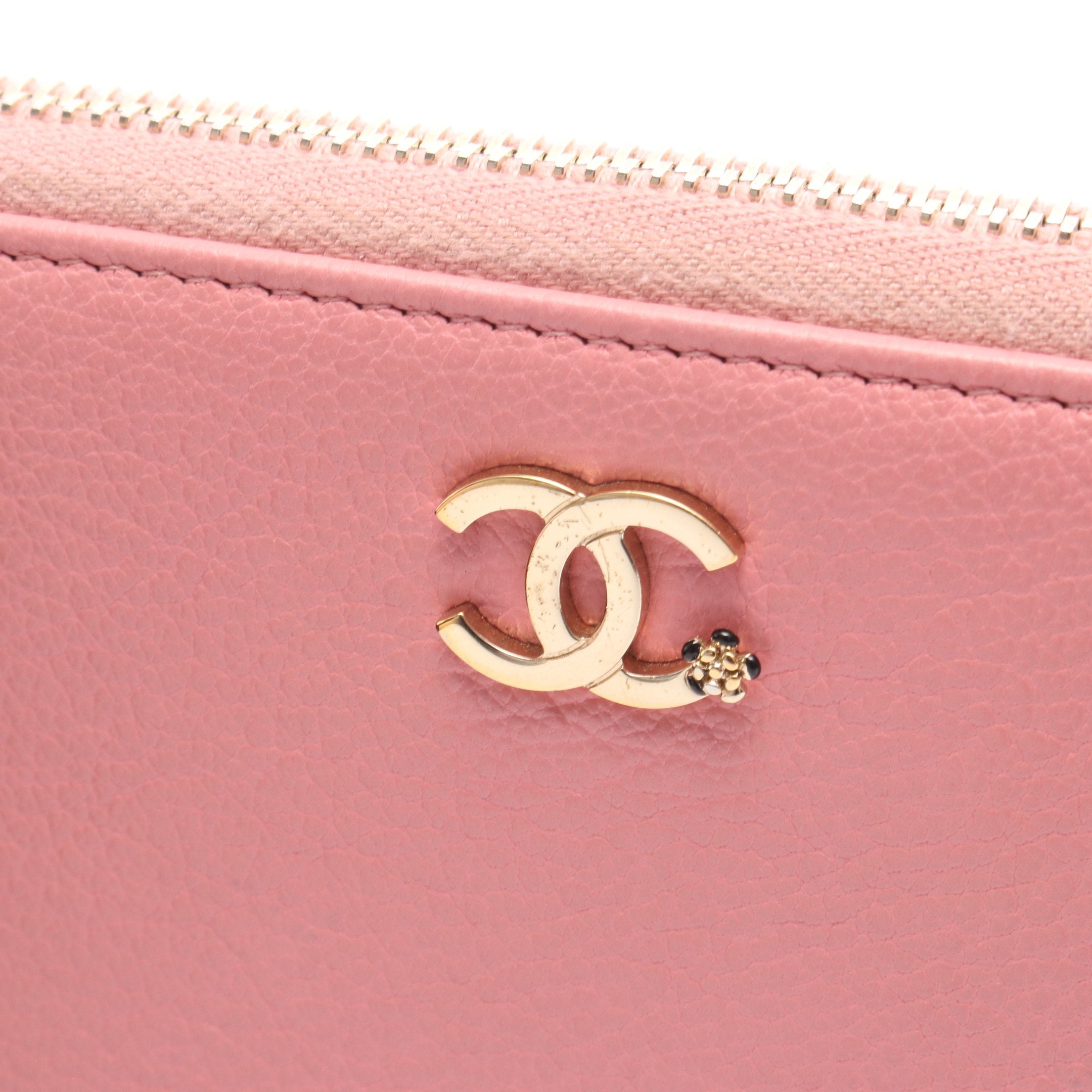 ラッキーフラワー ラウンドファスナー長財布 レザー ピンク ゴールド