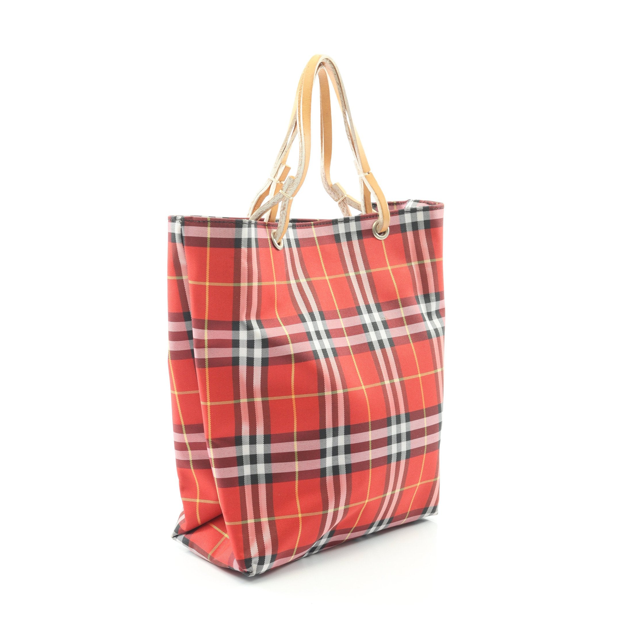 ノバチェック ハンドバッグ キャンバス レザー レッド ライトブラウン