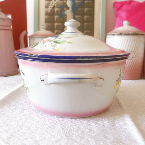 フランスJAPYジャピー社 アンティークホーロー両手鍋 ピンクローズ