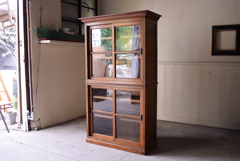アンティーク ナラ材 2段重ね ガラス戸棚 | REFACTORY antiques