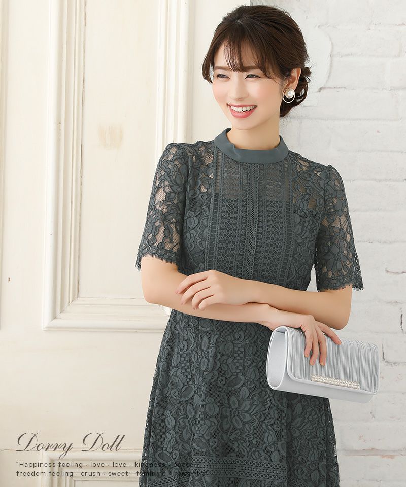 総レースウエスト切り替えミモレ丈パーティードレス (Mサイズ