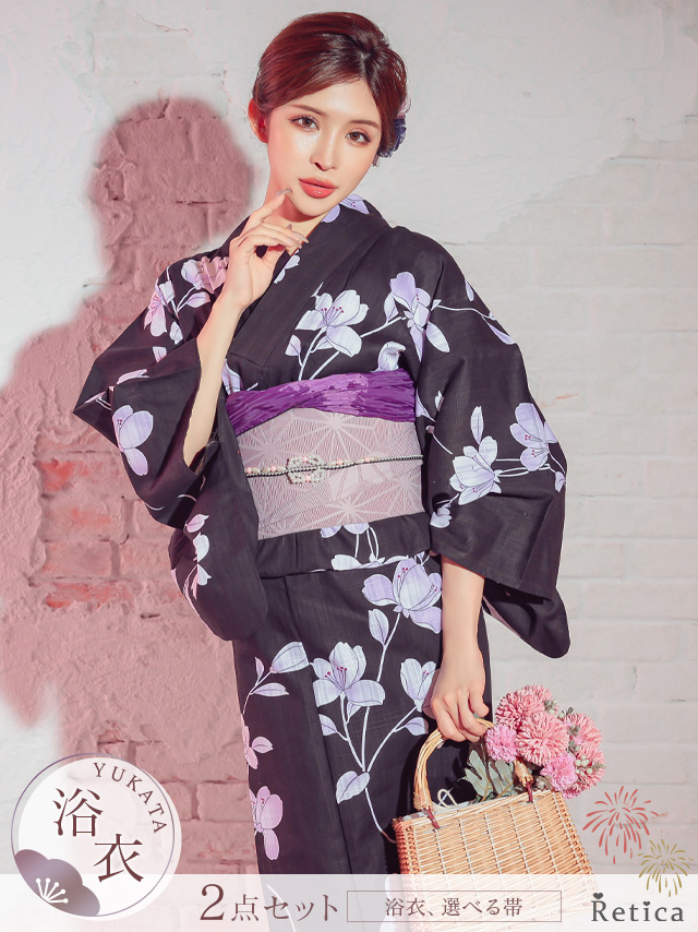 クール黒地 紫菖蒲柄 大人の3点セットレディース浴衣(浴衣+平帯or作り