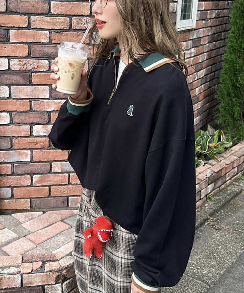 m:rex】ミニ恐竜ワッペンハーフZIPプルオーバー｜DOUBLE NAME ダブル