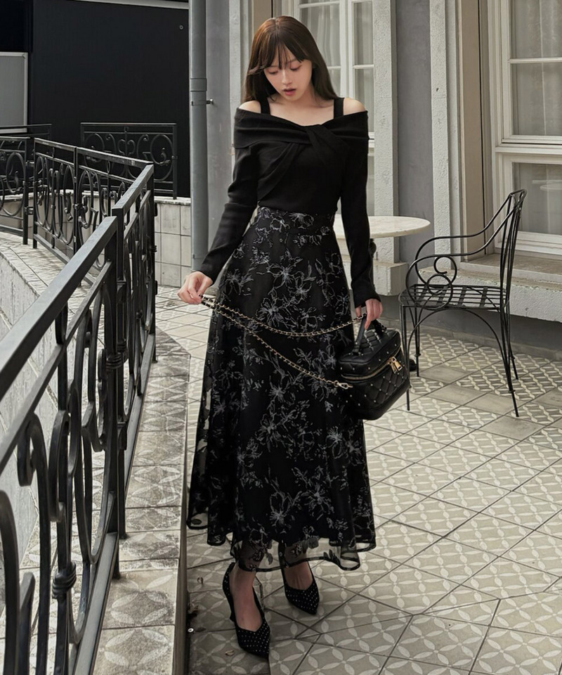 花柄オーガンジークロスニットドッキングワンピース｜ROYAL PARTY