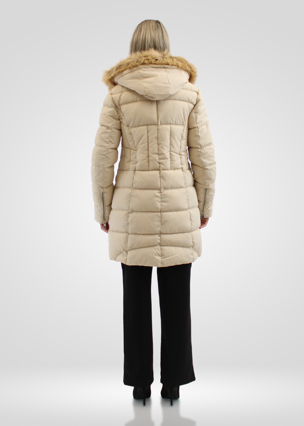 Simon Chang Cream Winter Coat wih Faux Fur Hood & Zippers